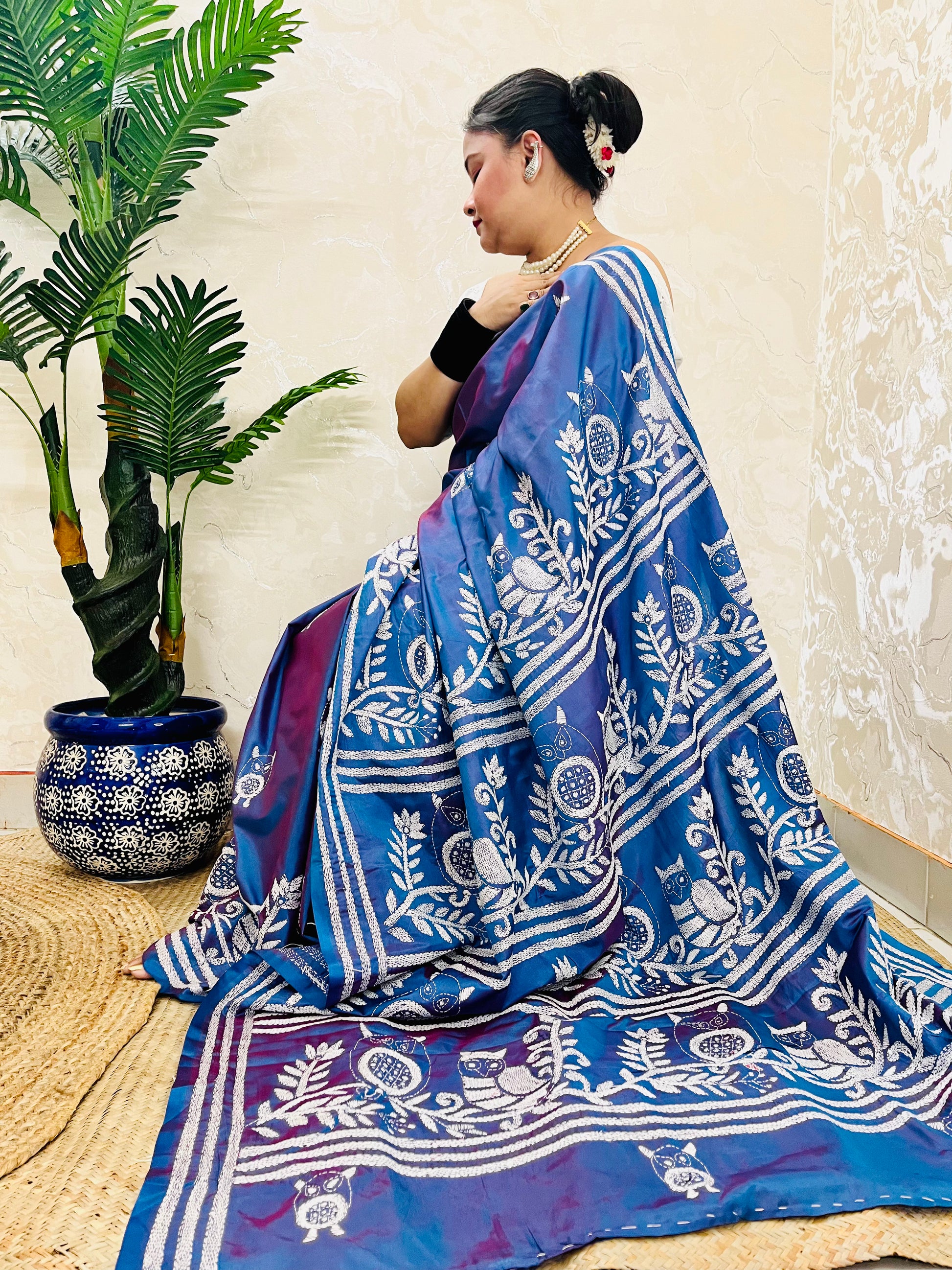 Desi Aadat Kantha Stitch Saree in Blue Blended Bangalore Silk with owl motif & dual tone – handwoven elegance