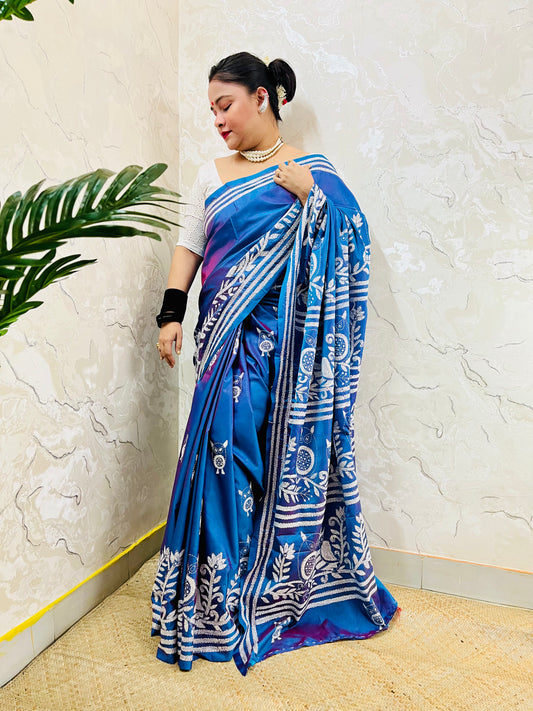 Desi Aadat Kantha Stitch Saree in Blue Blended Bangalore Silk with owl motif & dual tone – handwoven elegance