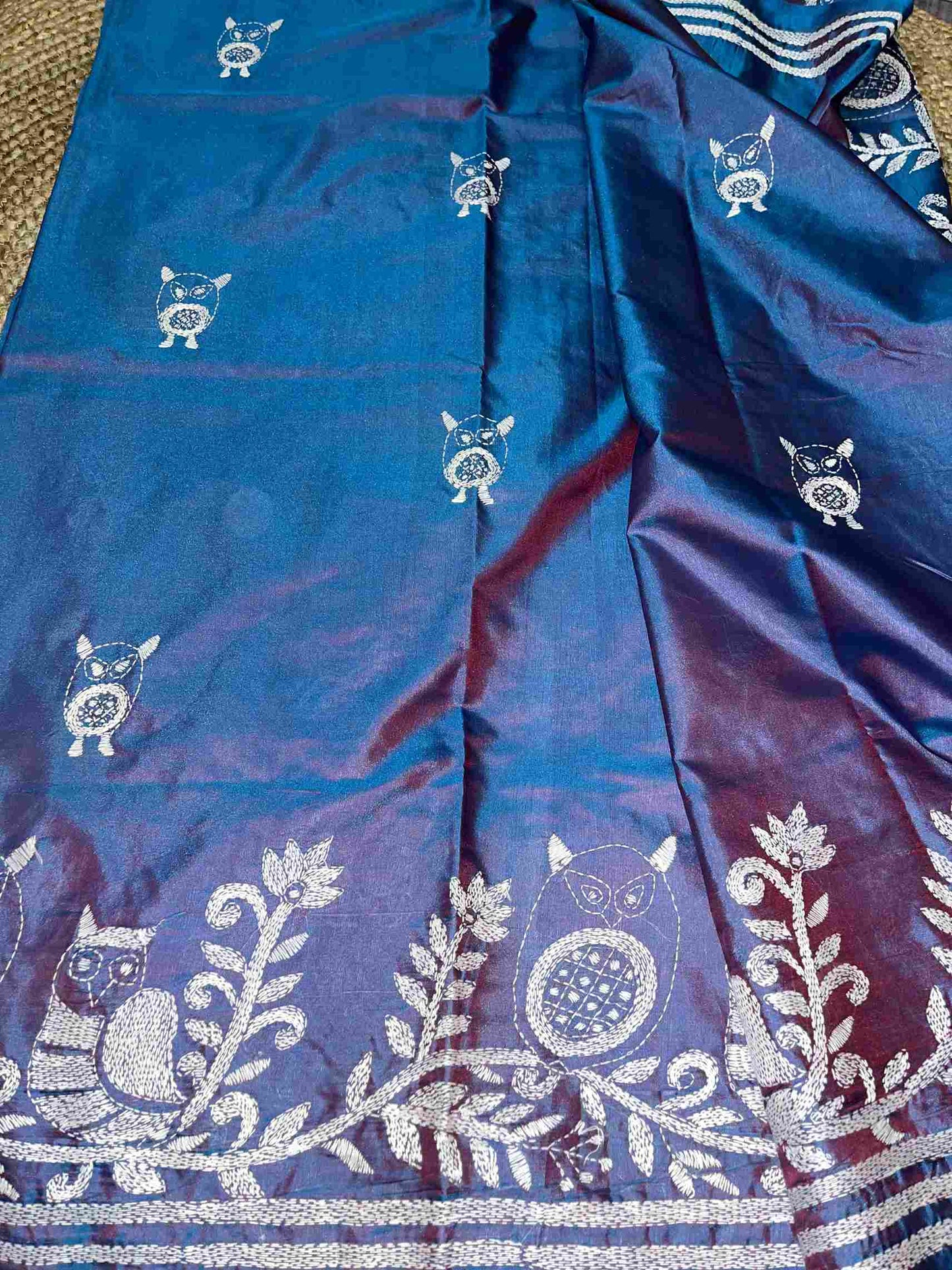 Best Ethnic Wear for Women – Handwoven Kantha Stitch Saree in Blue with Owl Motif