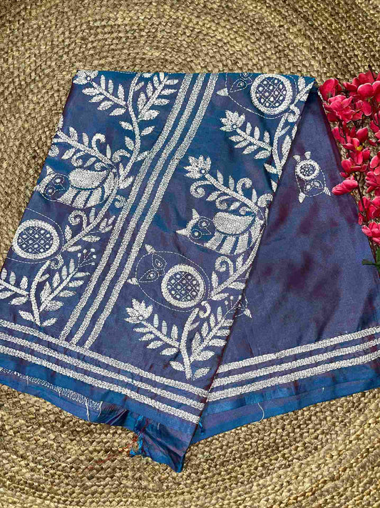 Desi Aadat Kantha Stitch Saree in Blue Blended Bangalore Silk with owl motif & dual tone – handwoven elegance