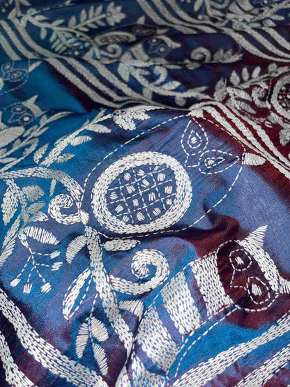 Woman in Desi Aadat Kantha Stitch Saree showcasing best ethnic wear for women – party look with saree