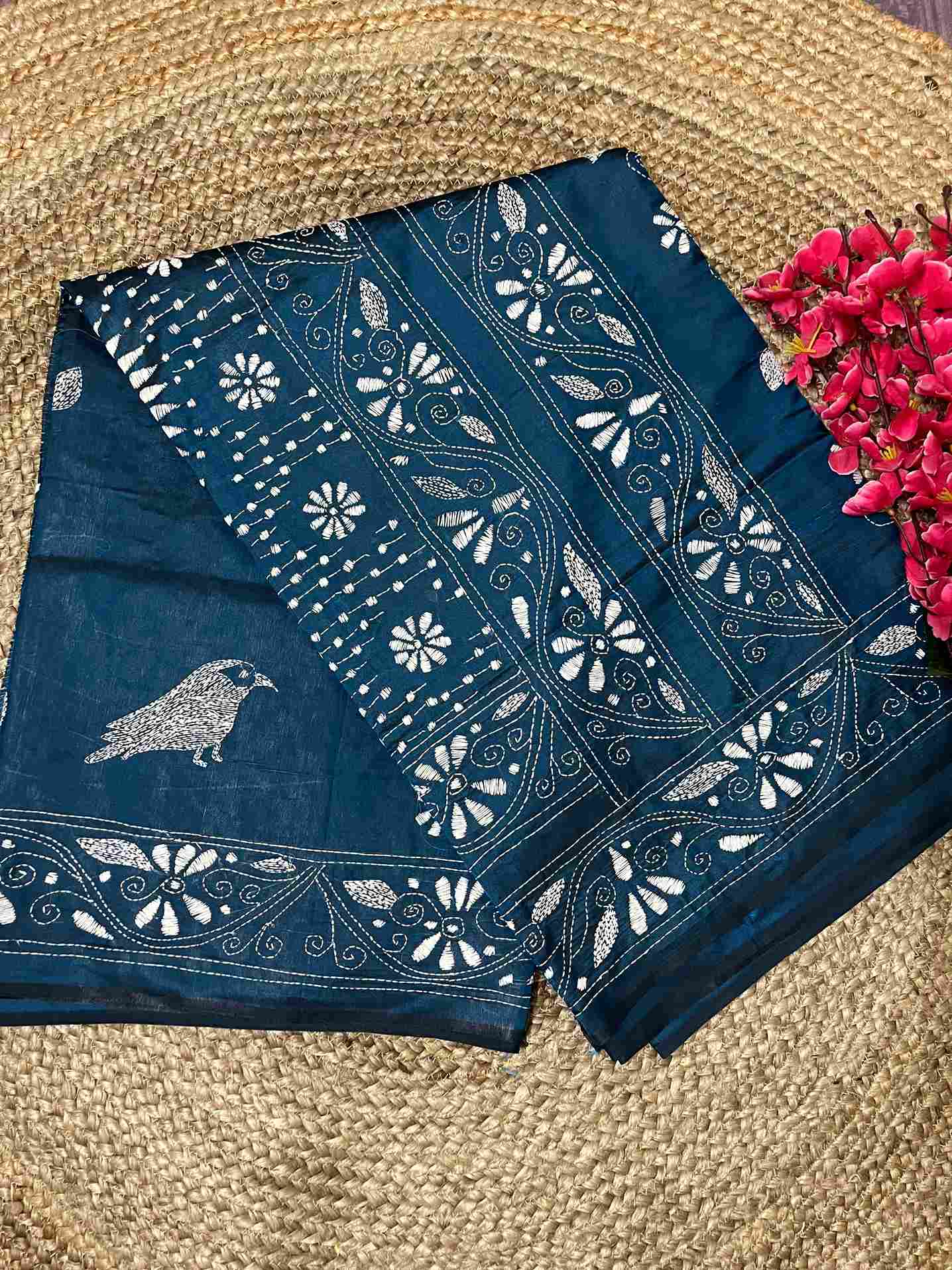 Desi Aadat Kantha Stitch Saree in Peacock Blue Blended Bangalore Silk with bird motifs – handwoven beauty