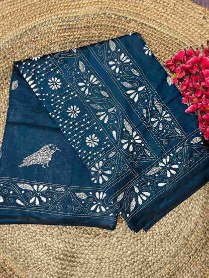 Desi Aadat Kantha Stitch Saree in Peacock Blue Blended Bangalore Silk with bird motifs – handwoven beauty