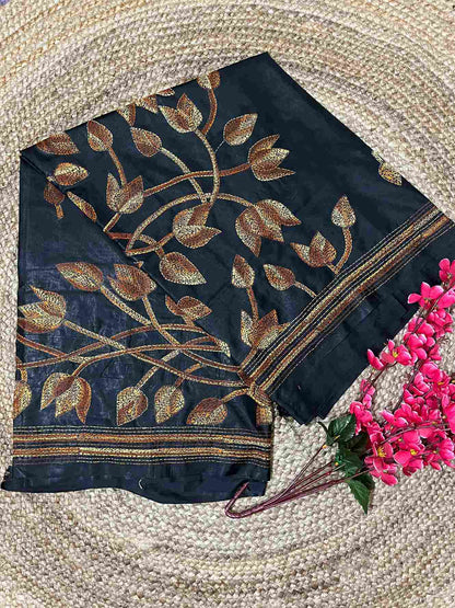 Kantha Stitch Saree – Black Bangalore Silk with Handwoven Embroidery