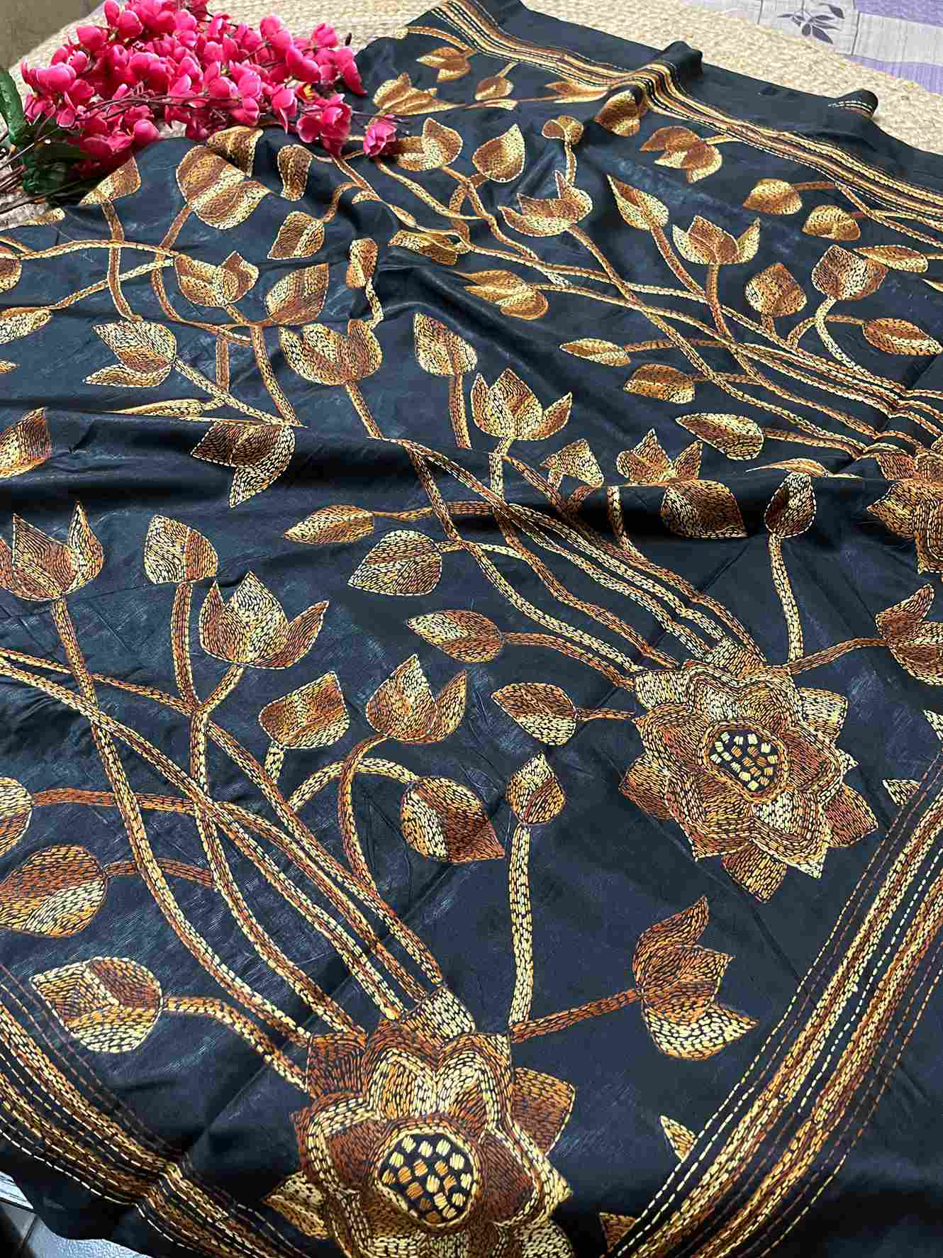 Close-up of Kantha stitch embroidery on black silk saree – traditional saree look by Desi Aadat