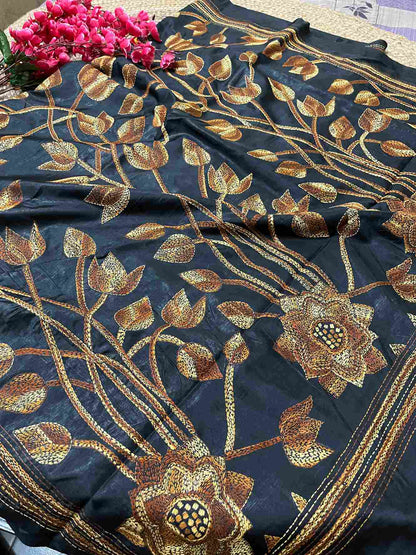 Close-up of Kantha stitch embroidery on black silk saree – traditional saree look by Desi Aadat