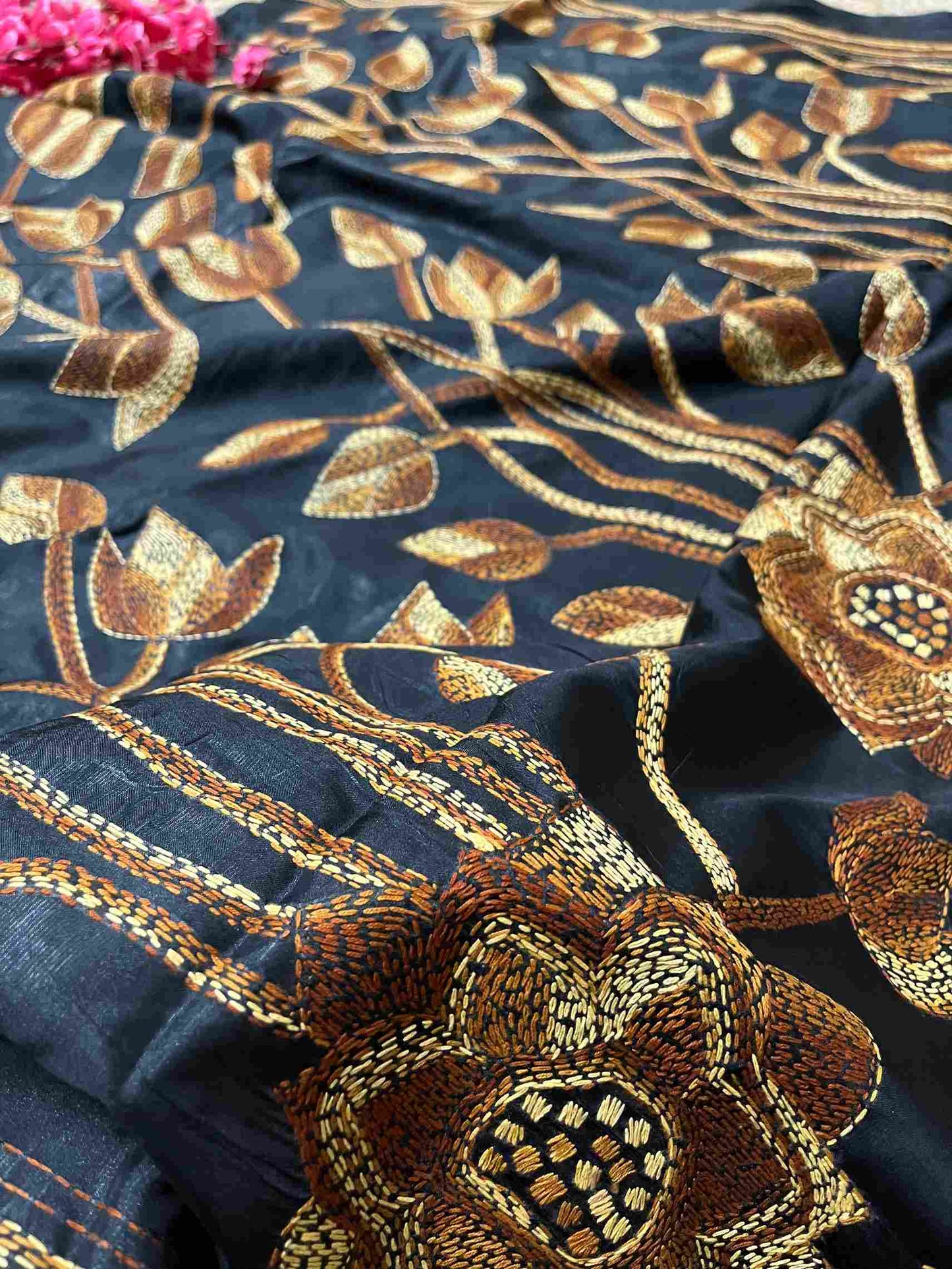 Woman in Desi Aadat Kantha Stitch Saree showcasing party look with saree – best ethnic wear for women