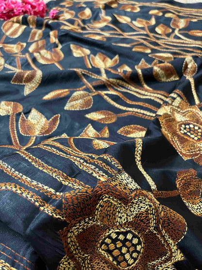 Woman in Desi Aadat Kantha Stitch Saree showcasing party look with saree – best ethnic wear for women