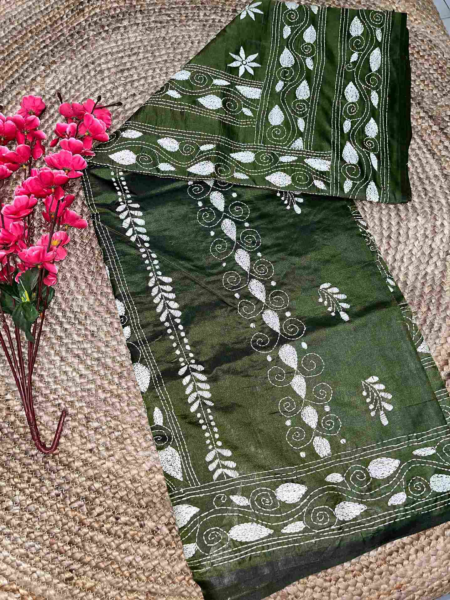 Desi Aadat Kantha Stitch Saree in Bottle Green Blended Bangalore Silk with floral motifs – handwoven beauty