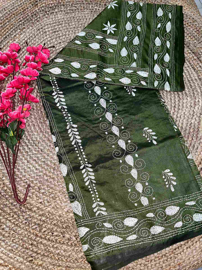 Desi Aadat Kantha Stitch Saree in Bottle Green Blended Bangalore Silk with floral motifs – handwoven beauty