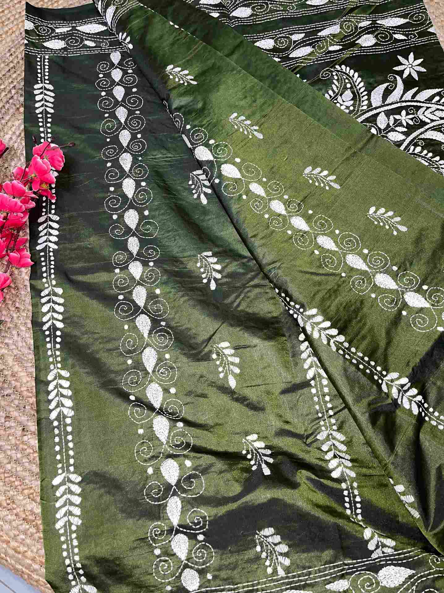 Beautiful Women in Saree – Handcrafted Kantha Stitch Silk Saree for Timeless Elegance