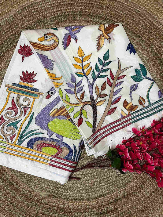 Desi Aadat Kantha Stitch Saree in White Blended Bangalore Silk with human & duck motifs – handwoven elegance