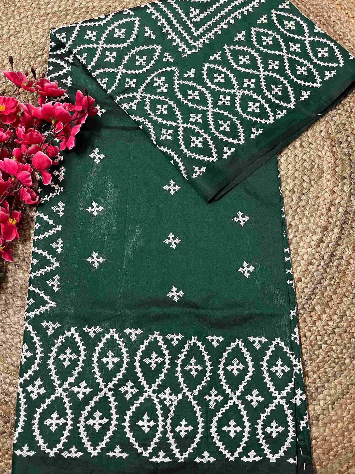 Gujarati Stitch Saree with Kutch Hand Embroidery in Bottle Green
