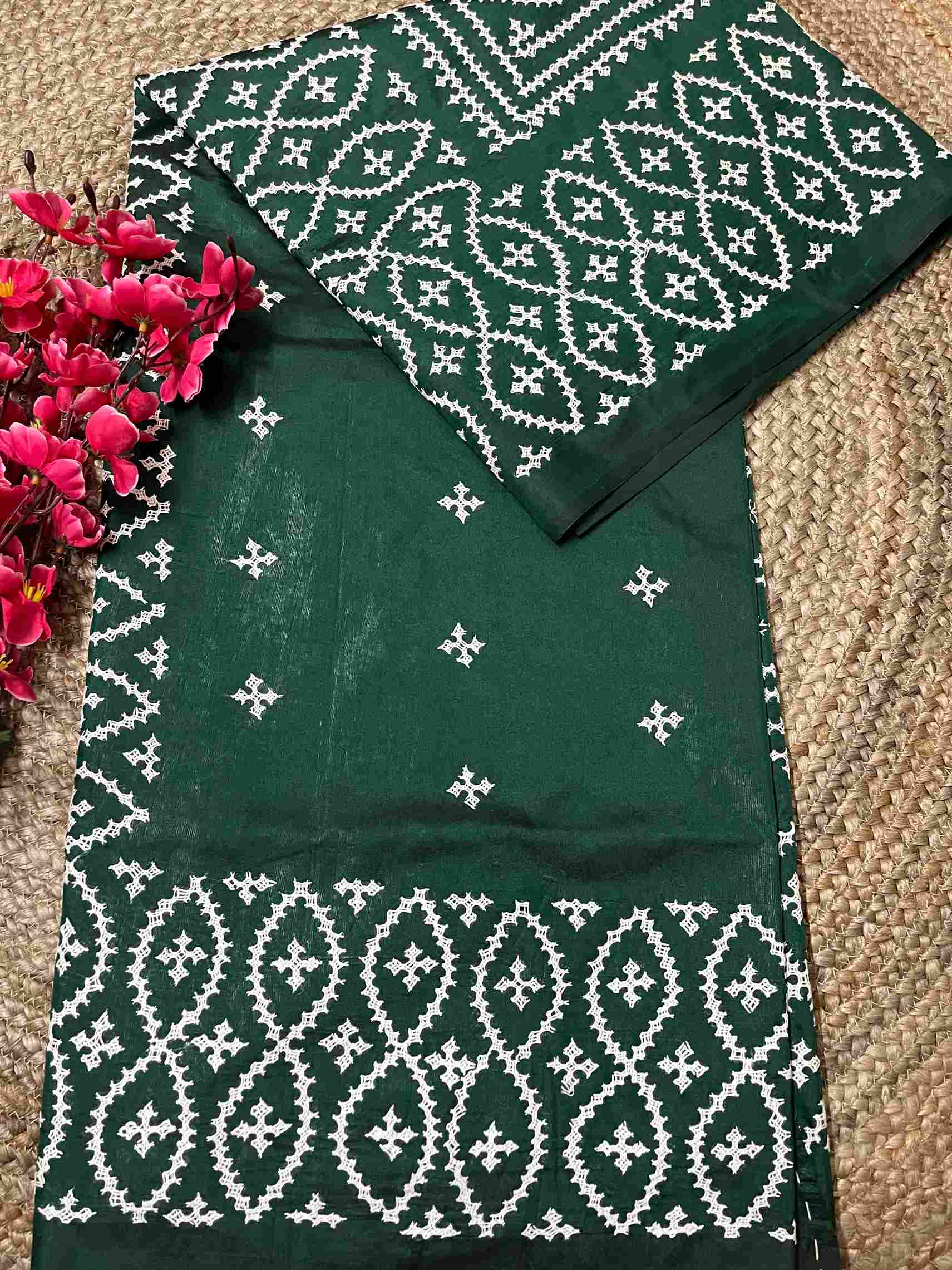 Gujarati Stitch Saree with Kutch Hand Embroidery in Bottle Green