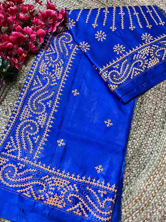 Royal Blue Gujarati Stitch Saree with Kutch hand embroidery on blended Bangalore silk by Desi Aadat