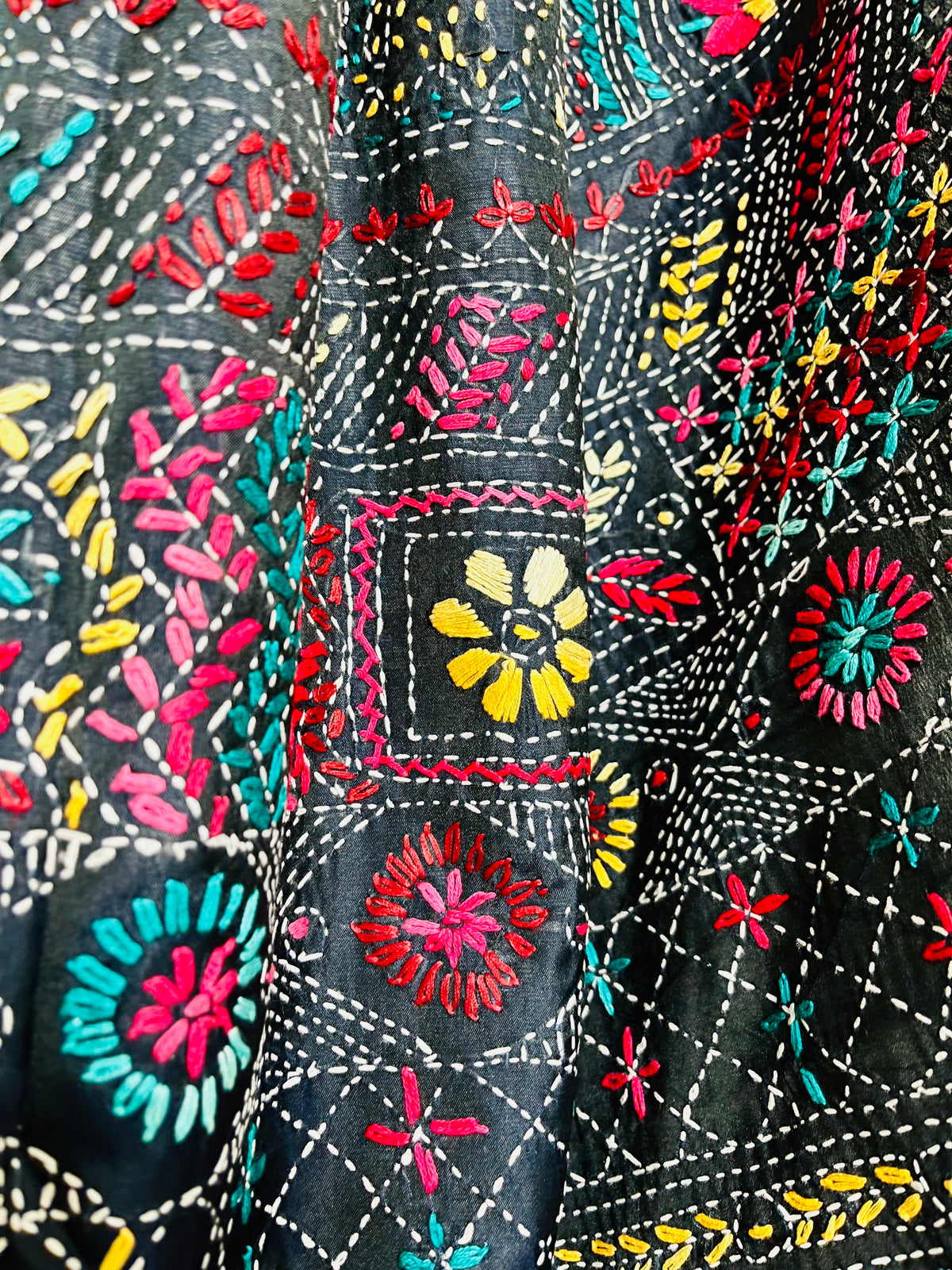 Detailed view of colourful Lambani thread work on black saree fabric