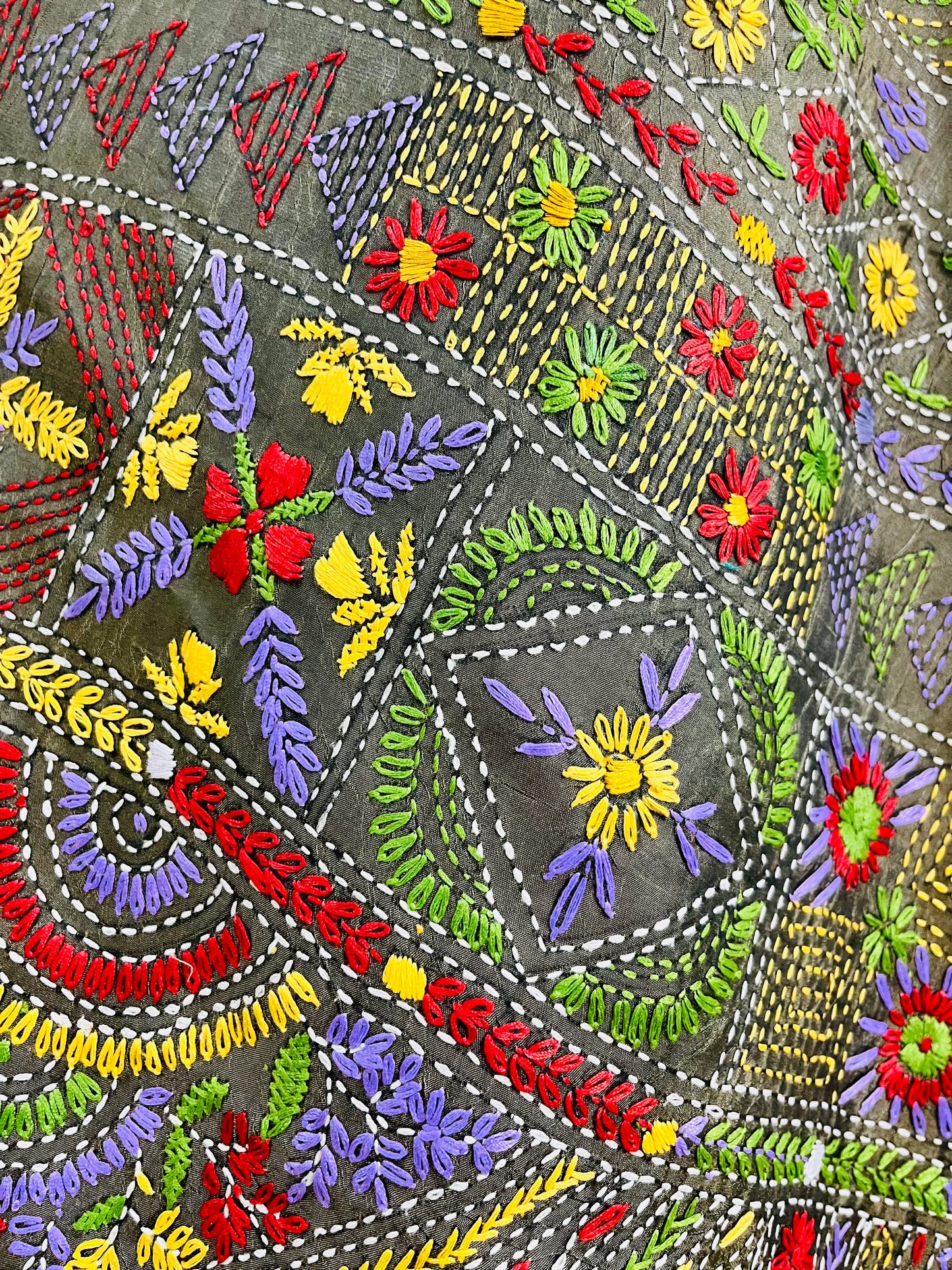 Close-up of dense floral Lambani hand stitch embroidery on moss green silk