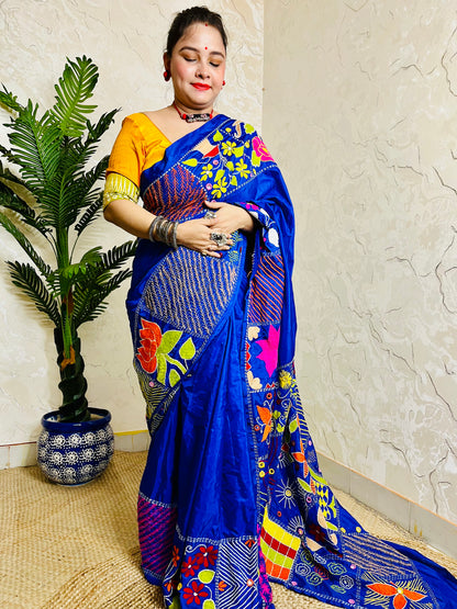 Indian woman styling handcrafted blue silk saree ethnic look