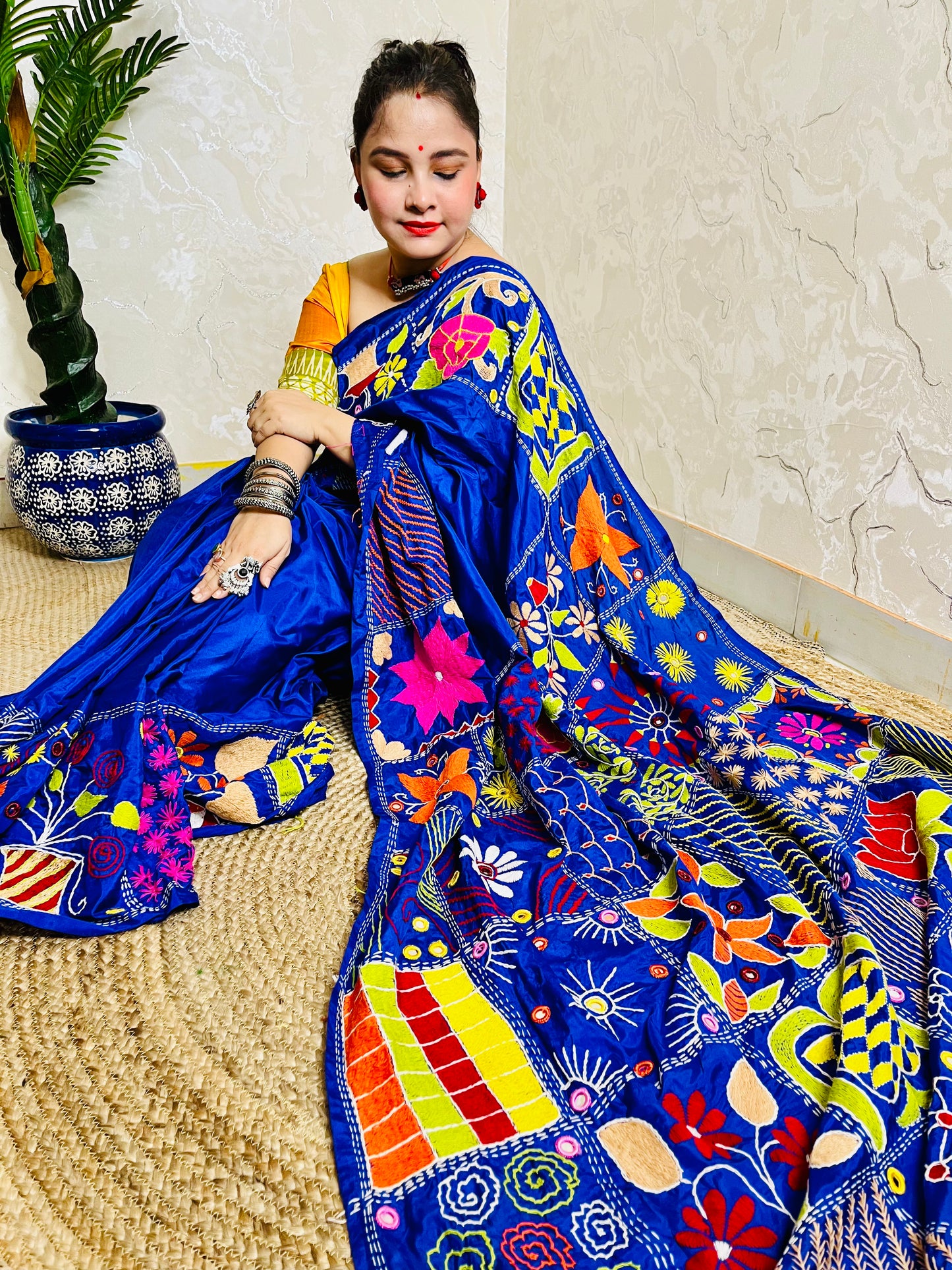 Dark blue Lambani handstitched Bangalore silk saree with multicolour embroidery