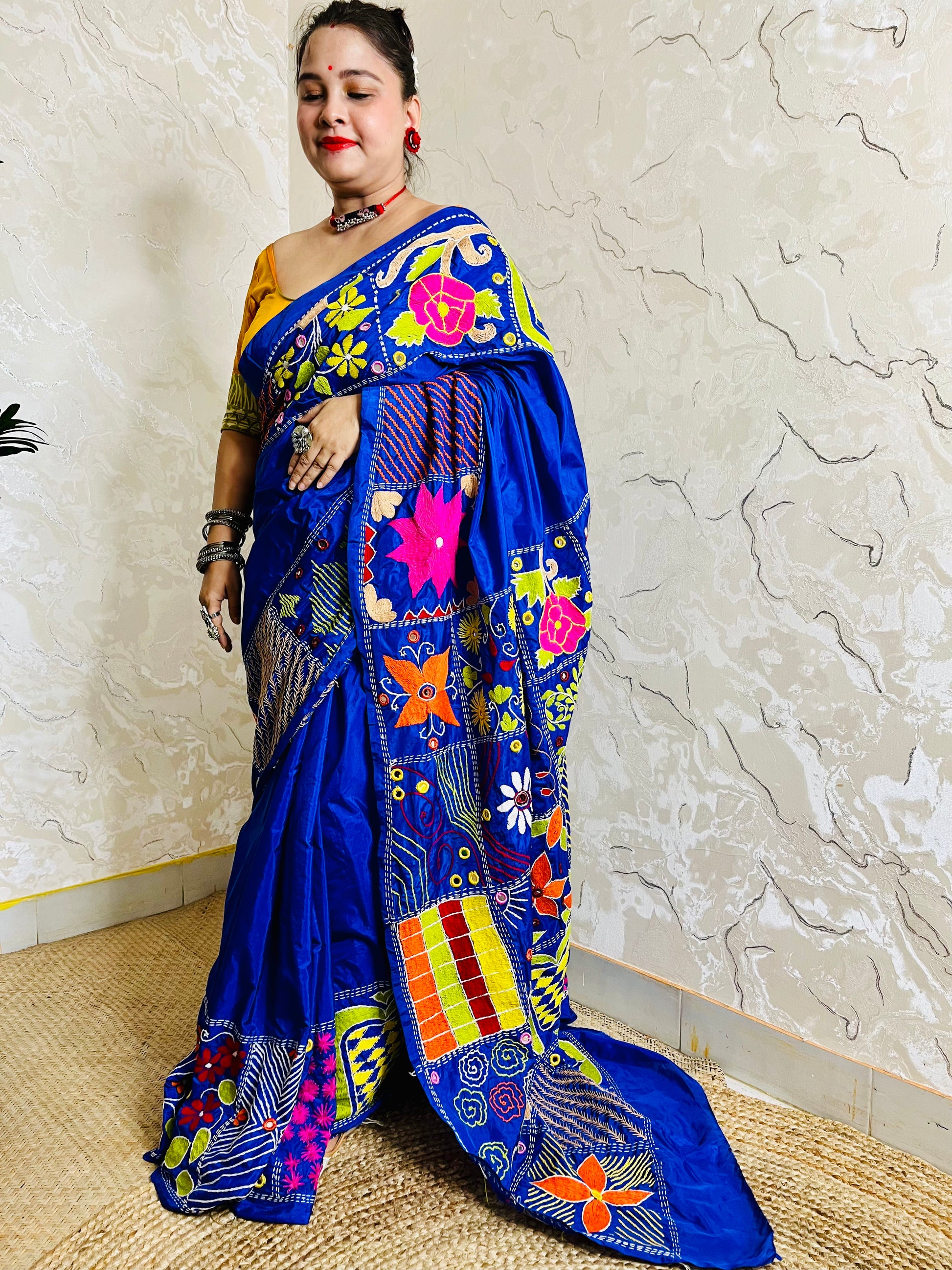 Elegant dark blue Bangalore silk saree festive wear with Lambani work