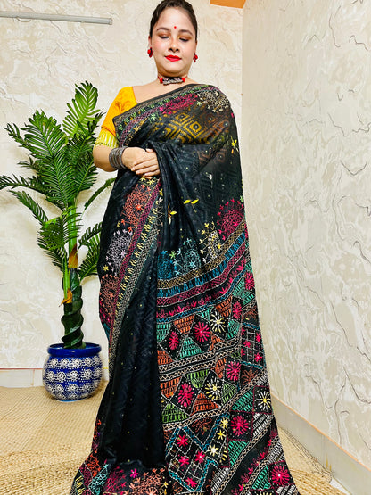 Black Lambani handstitched cotton Jamdani saree with multicolour embroidery