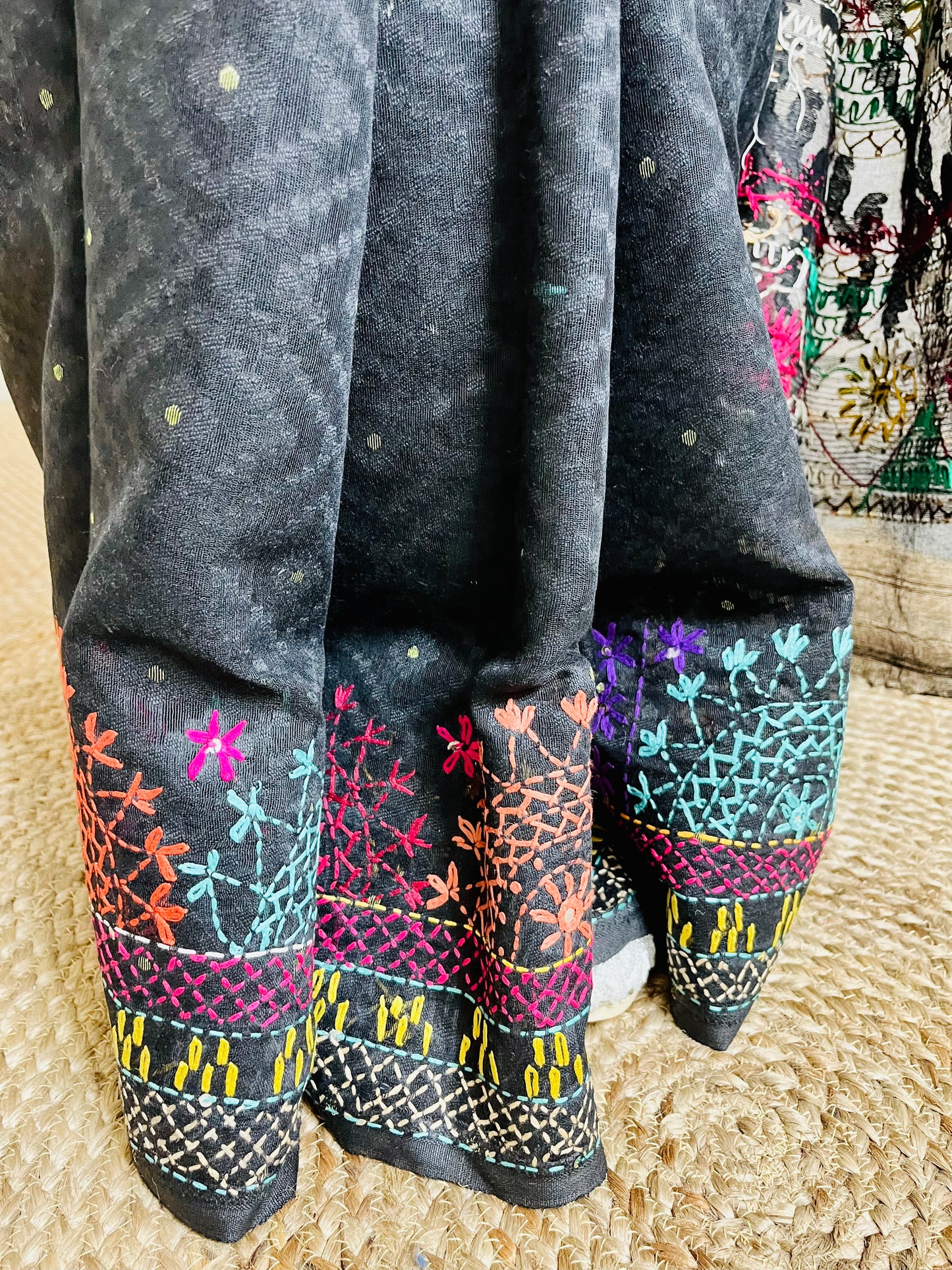 Detailed border Lambani embroidery on black cotton saree