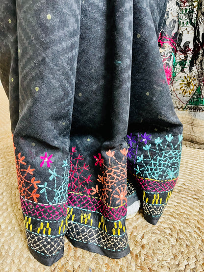 Detailed border Lambani embroidery on black cotton saree