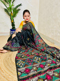 Indian woman styling black embroidered Jamdani saree ethnic look
