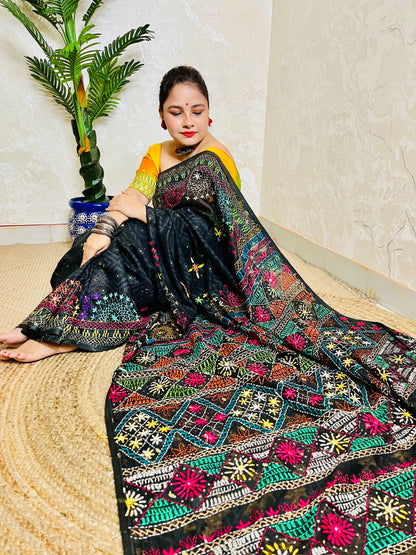 Indian woman styling black embroidered Jamdani saree ethnic look