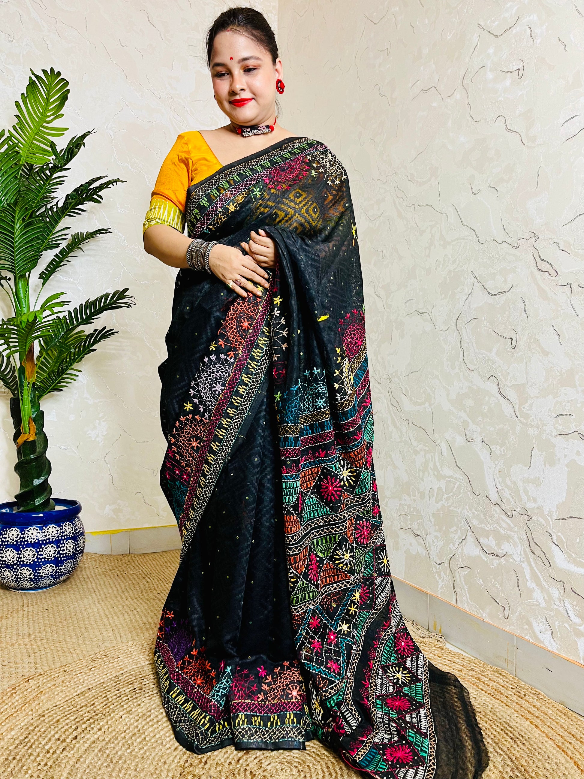 Elegant black cotton saree with Lambani hand stitching festive wear