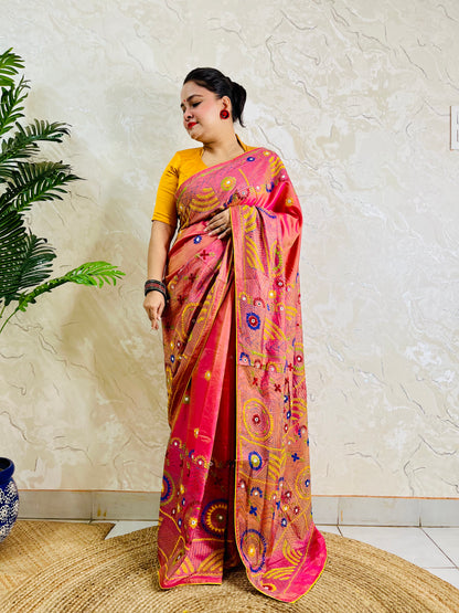 Coral pink Lambani mirror work saree, front standing view