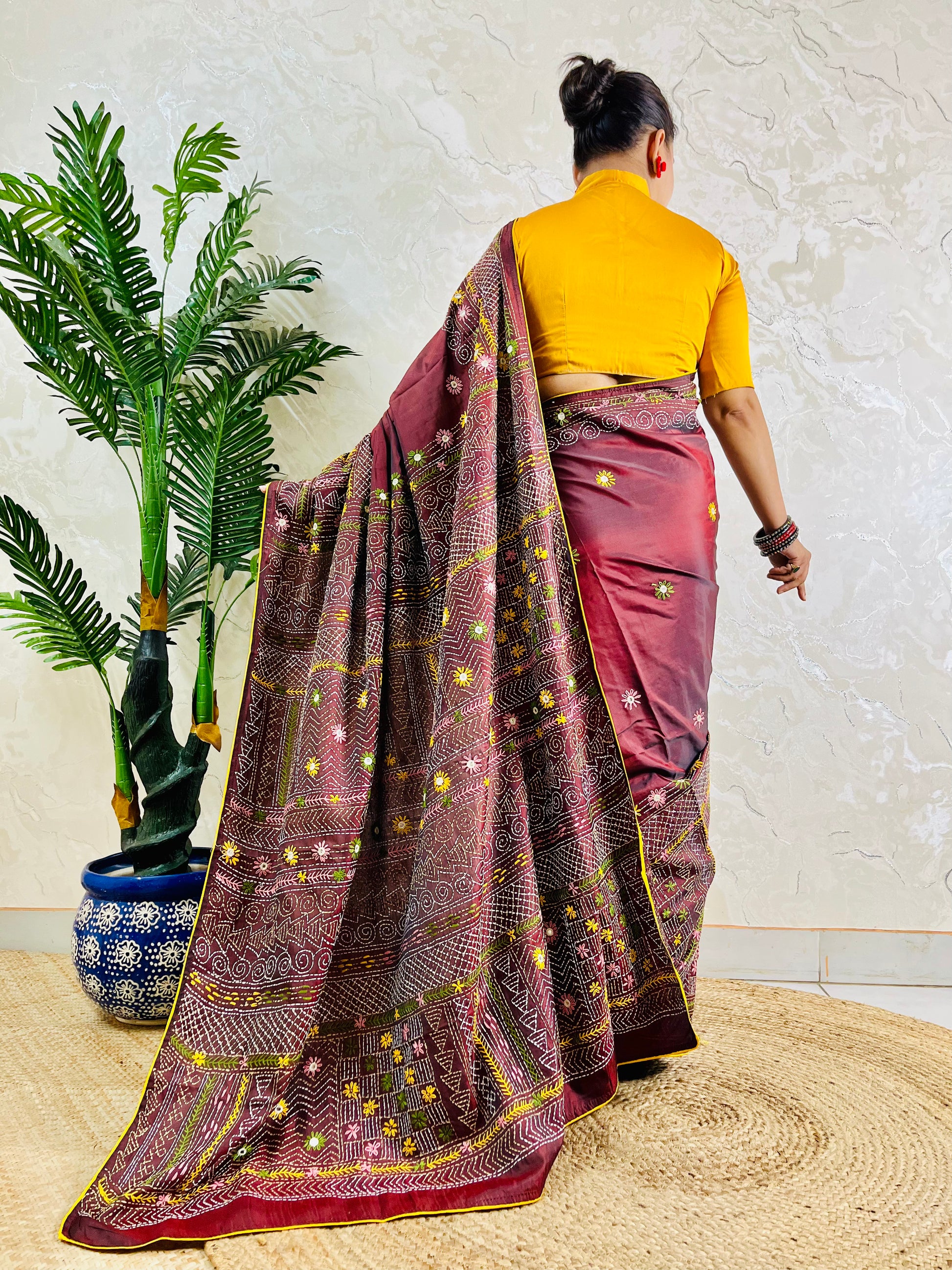 Burgundy Lambani embroidered saree with mirror work, back pallu draped view