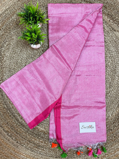 Pink Linen Saree with Silver Zari by Desi Aadat