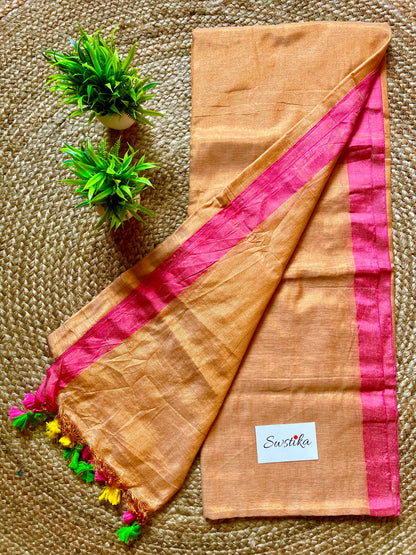 Beige Linen Saree with Pink Zari - Desi Aadat