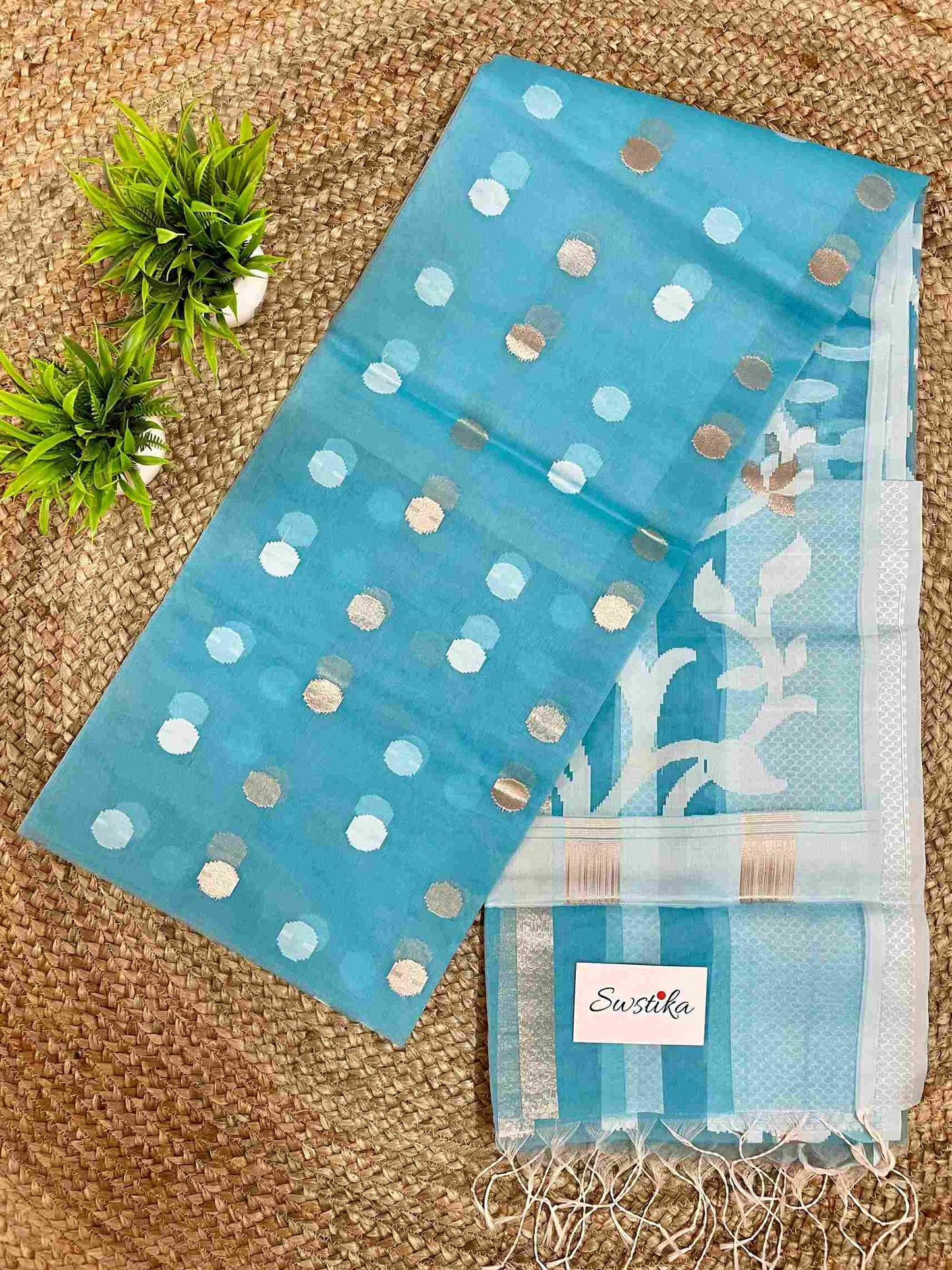 Sky Blue Resham Silk Muslin Saree with Jamdani handloom weave by Desi Aadat