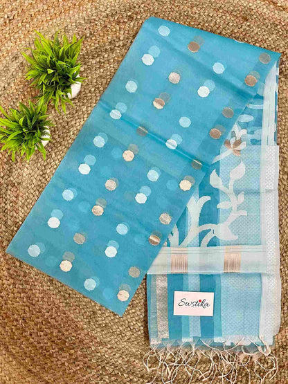 Sky Blue Resham Silk Muslin Saree with Jamdani handloom weave by Desi Aadat