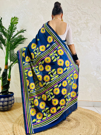 Back view of navy blue Bangalore silk saree with sunflower Kantha pallu and striped border