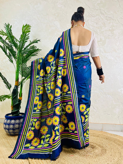 Back view of navy blue Bangalore silk saree with sunflower Kantha pallu and striped border