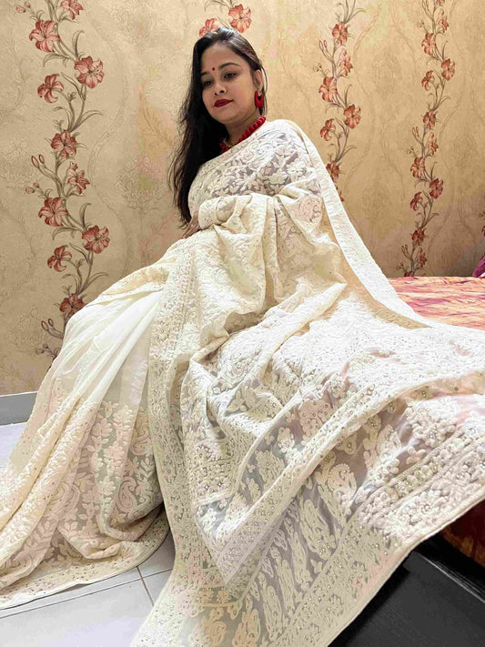 Off-White Chikankari Work Georgette Saree with handwoven embroidery by Desi Aadat