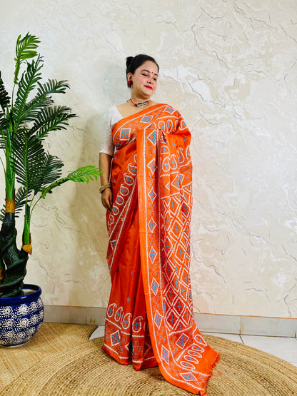 Orange Gujarati stitch saree with diamond lattice Kutch embroidery, full drape