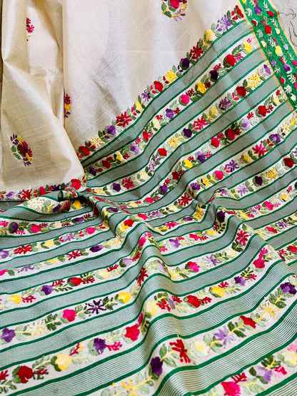 Close-up of Parsi Gara hand-embroidered horizontal floral garden stripes with green woven stripes and Kardana gold detailing on Semi Muga Silk pallu — Desi Aadat