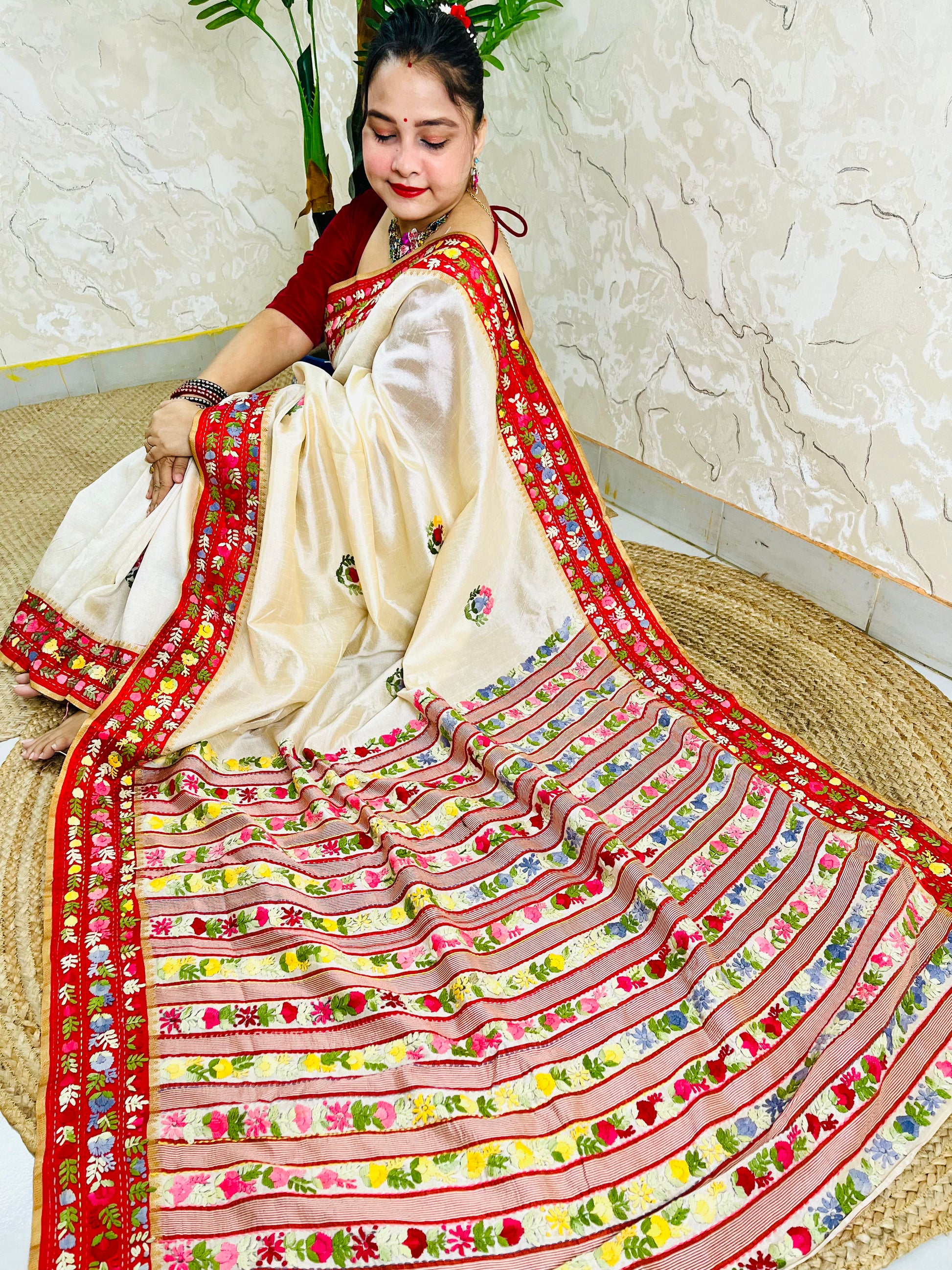 Handwoven Parsi Gara Semi Muga Silk saree with Kardana embellishment and red velvet Gara border — down sitting full pallu view, Desi Aadat