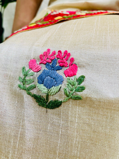 Close-up of Parsi Gara hand-embroidered horizontal floral garden stripes with Kardana work on handwoven Semi Muga Silk saree with red velvet border — Desi Aadat