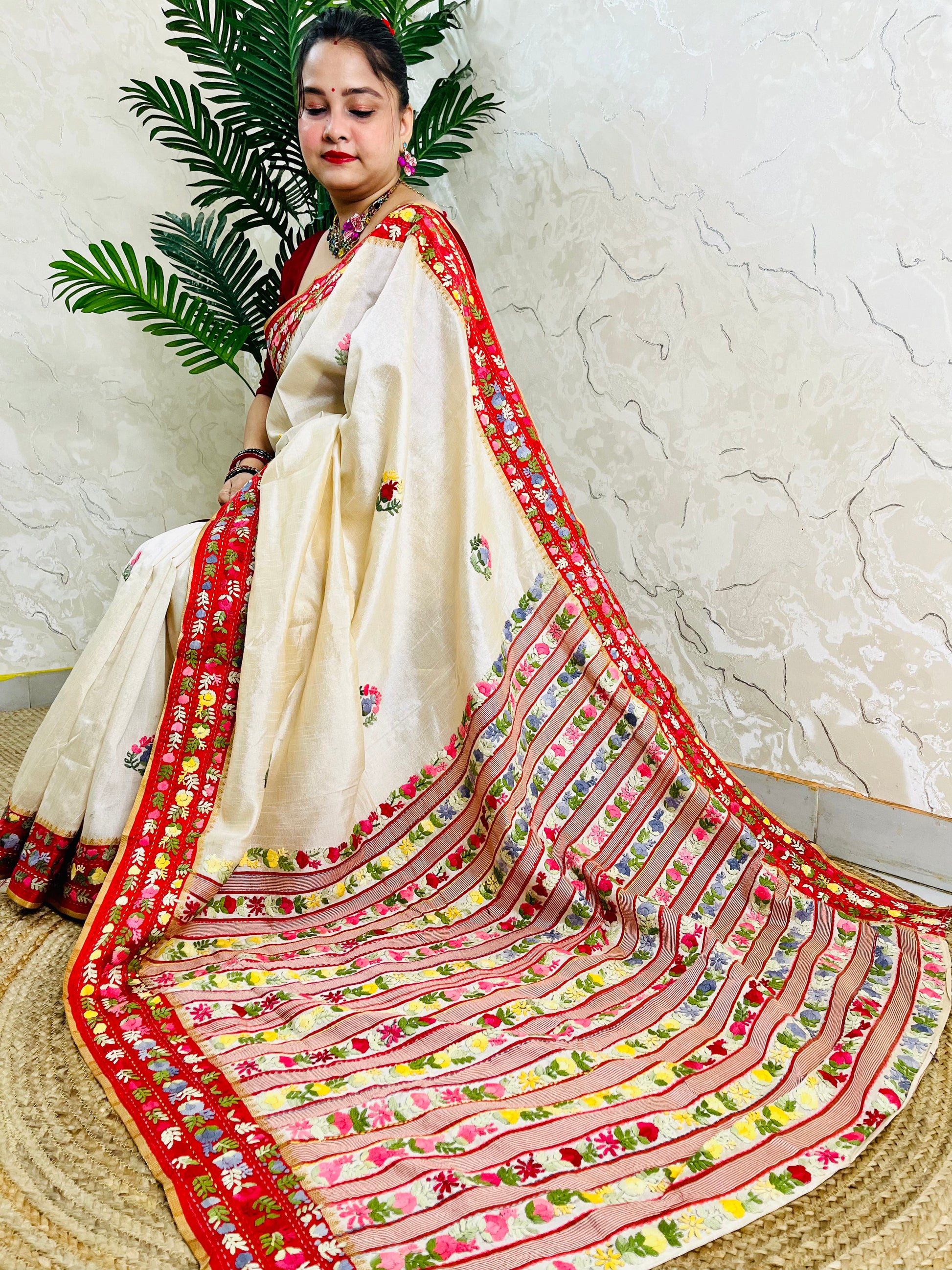Handwoven Parsi Gara Semi Muga Silk saree with Kardana embellishment and red velvet Gara border — down sitting full pallu view, Desi Aadat