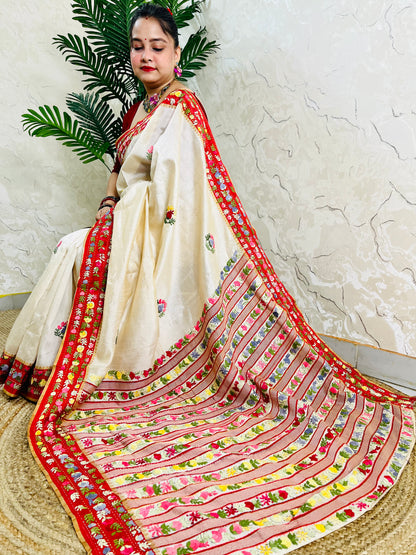 Handwoven Parsi Gara Semi Muga Silk saree with Kardana embellishment and red velvet Gara border — down sitting full pallu view, Desi Aadat