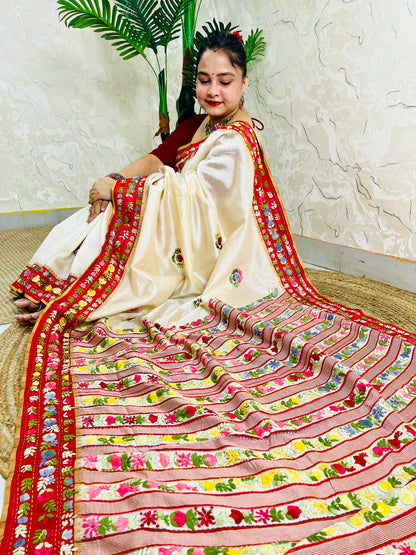 Handwoven Parsi Gara Semi Muga Silk saree with Kardana embellishment and red velvet Gara border — down sitting full pallu view, Desi Aadat