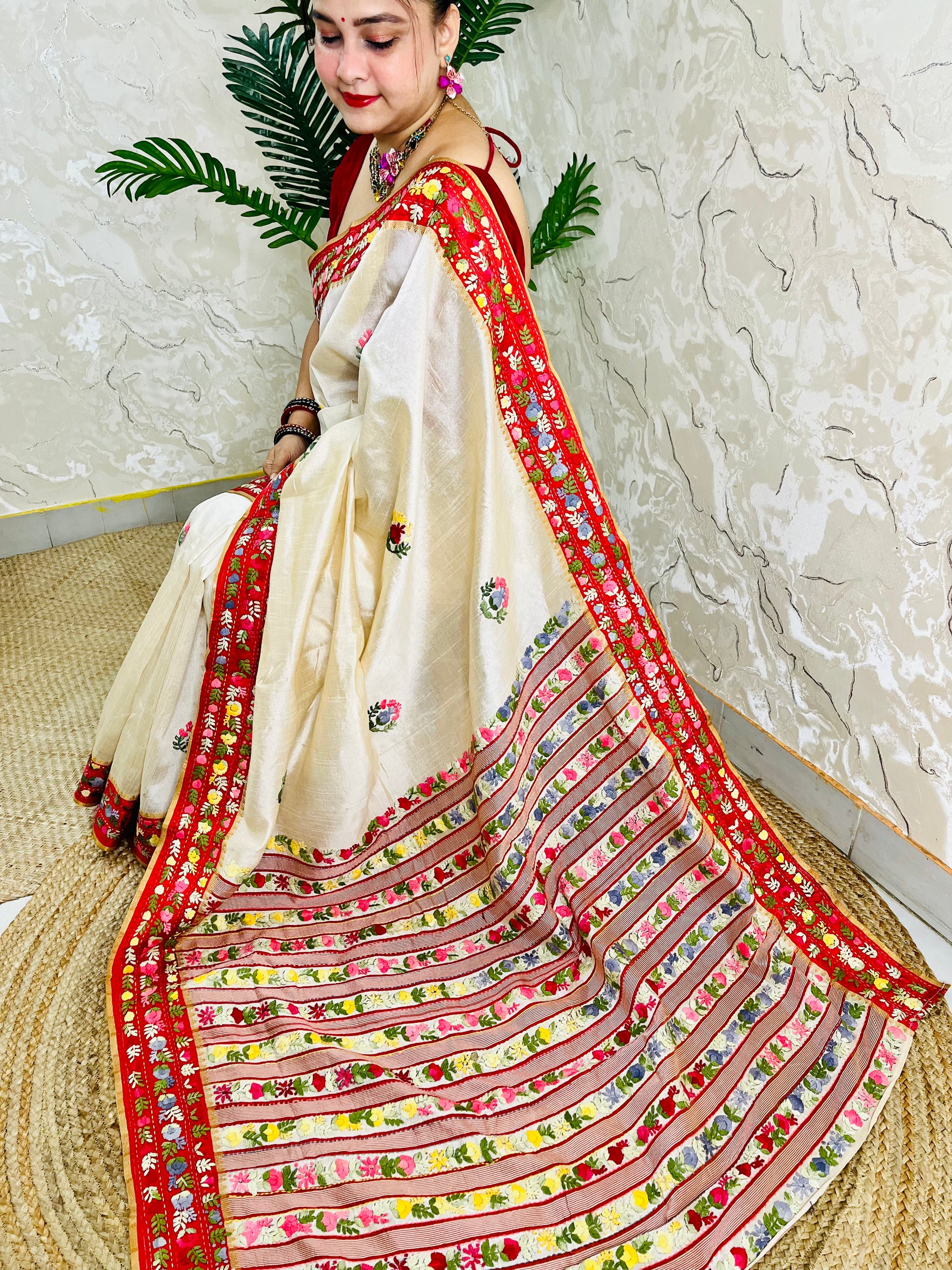 Handwoven Parsi Gara Semi Muga Silk saree with Kardana embellishment and red velvet Gara border — down sitting full pallu view, Desi Aadat