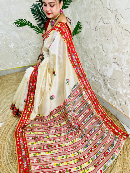 Handwoven Parsi Gara Semi Muga Silk saree with Kardana embellishment and red velvet Gara border — down sitting full pallu view, Desi Aadat