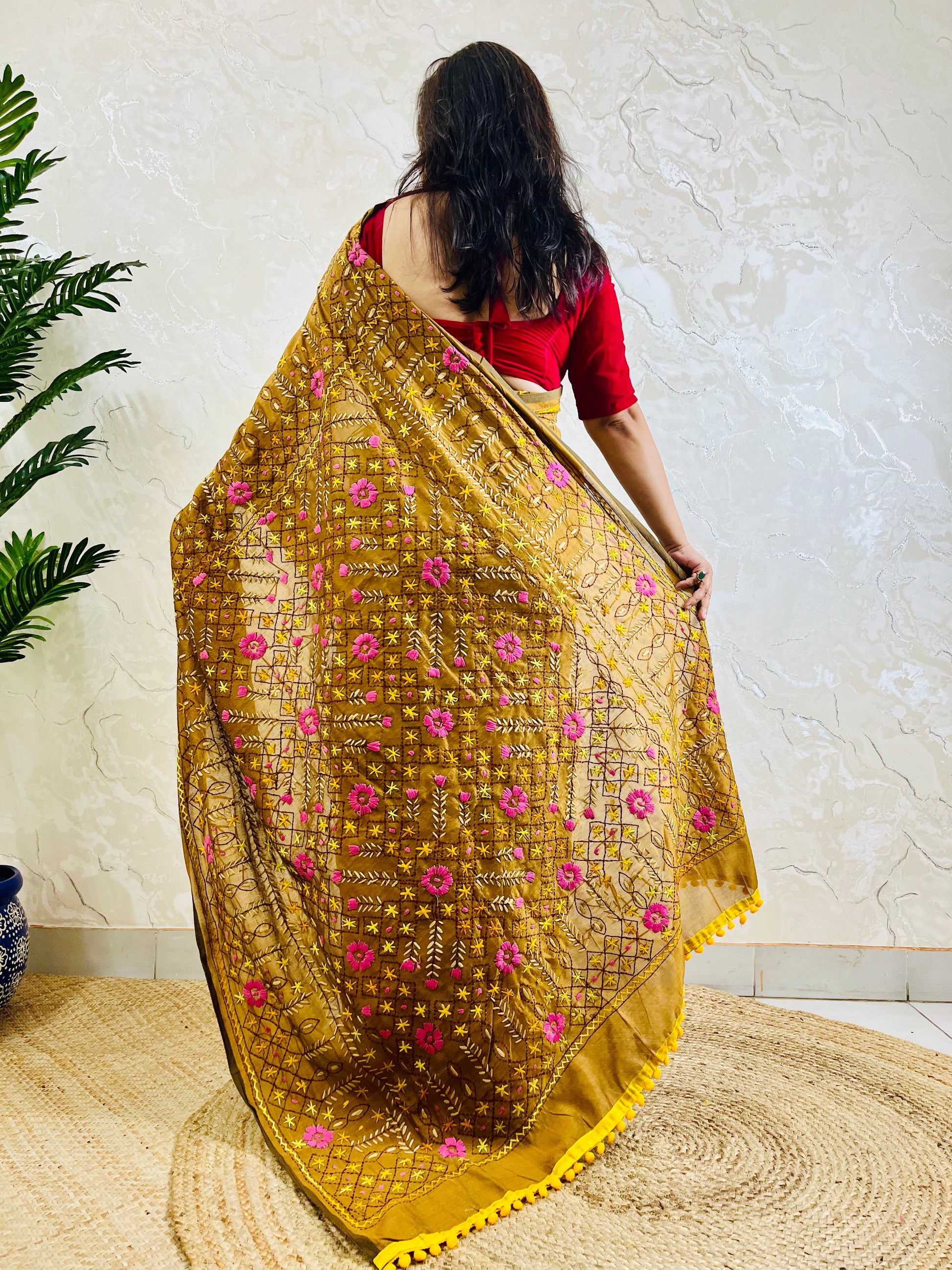 Heirloom-grade golden brown Parsi Gara all-over Jali handwork Chanderi silk cotton saree with full body embroidery — standing back view, Desi Aadat