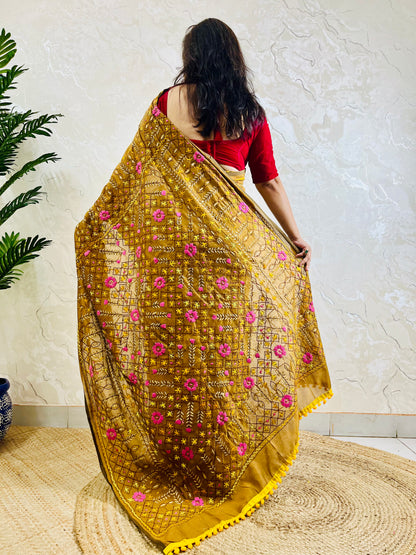 Heirloom-grade golden brown Parsi Gara all-over Jali handwork Chanderi silk cotton saree with full body embroidery — standing back view, Desi Aadat